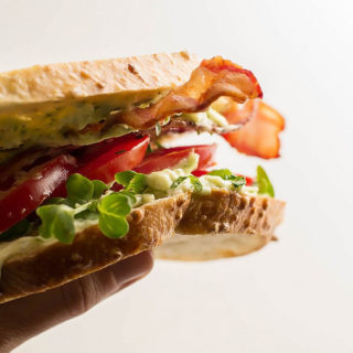 Heirloom Marinated Tomato BLT Sandwiches with Clean, Homemade Basil Garlic Mayo